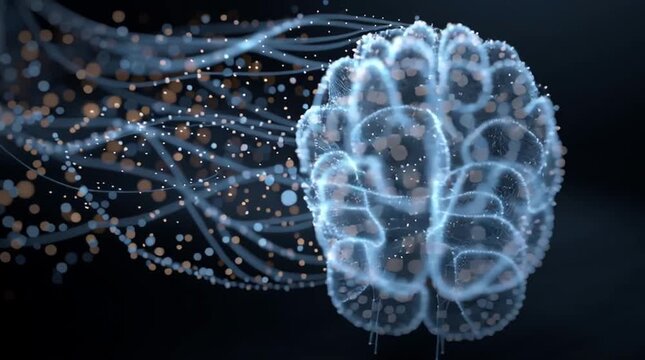 Brain-like structure with flowing element: A stylized representation of a brain, illuminated with a cool blue glow, is depicted with interconnected lines and particles.