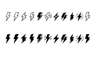 Fototapeta premium Lightning bolt icon set — diverse black and outline thunderbolt symbols in multiple stroke weights and distressed styles for branding, UI icons, stickers and energy-themed designs