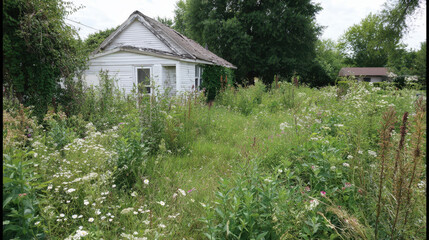 Poverty Inflation and Economic Crisis Abandoned house surrounded by overgrown grass and wildflowers reflects poverty and economic crisis during