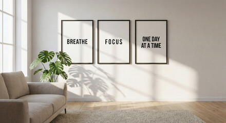 Minimalist living room mockup with black triptych frames featuring "BREATHE," "FOCUS," and "ONE DAY AT A TIME." Bright interior with a beige sofa, monstera plant, and soft morning sunlight.
