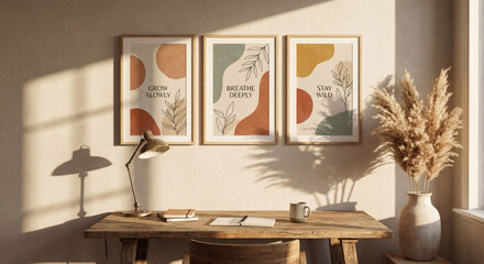 Cozy home office interior mockup with a rustic wooden desk, pampas grass, and triptych wall art. Minimalist workspace featuring earthy abstract prints and warm sunlight with soft leaf shadows.