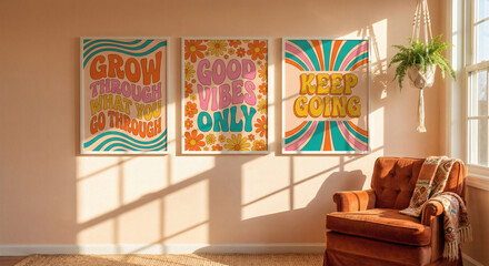 Vibrant retro typography poster mockup with positive quotes "Good Vibes Only" and "Keep Going." Groovy 70s aesthetic in a warm, sunlit interior with a vintage velvet chair and hanging plant.