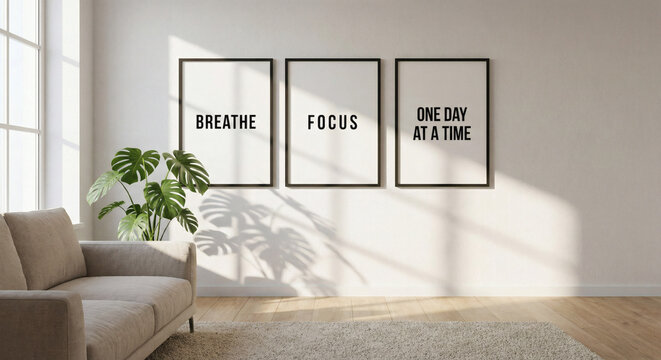 Minimalist living room mockup with black triptych frames featuring "BREATHE," "FOCUS," and "ONE DAY AT A TIME." Bright interior with a beige sofa, monstera plant, and soft morning sunlight.