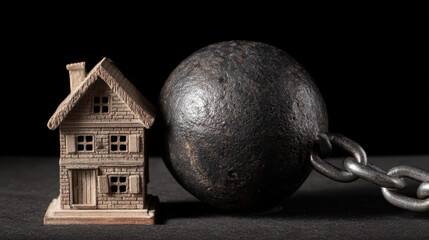 Poverty Inflation and Economic Crisis poverty inflation economic crisis concept with house and heavy iron ball chain symbolizing financial burden