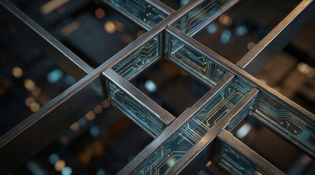 Abstract geometric connection of digital circuit panels with bokeh lights - Powered by Adobe