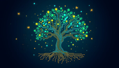 Digital Eco-System Tree with Glowing Data Leaves and Root Network