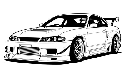 Modified coupe sports car front view illustration, street performance tuning line art