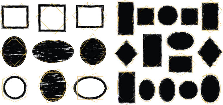 Assortment of distressed black grunge shapes with elegant golden geometric frames for decorative overlays and borders