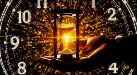 Hand holds an hourglass with golden sand flowing, superimposed on a clock face with abstract light effects, representing the passage of time and urgency.