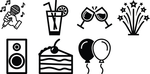 Fototapeta premium Collection of festive party symbols depicting toasts, balloons, and musical entertainment for special occasions