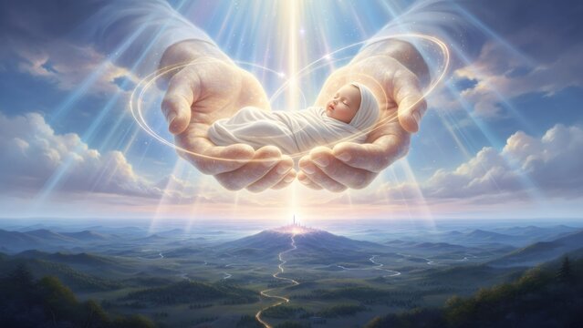 Divine hands holding a newborn baby, radiating light. Symbolizing Gods protection and blessing over new life, hope, and faith. Biblical concept.