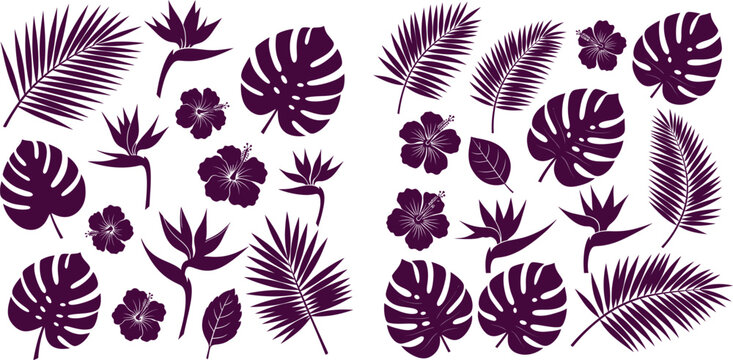 Collection of exotic tropical plant silhouettes featuring monstera leaves, palm fronds, and hibiscus blossoms