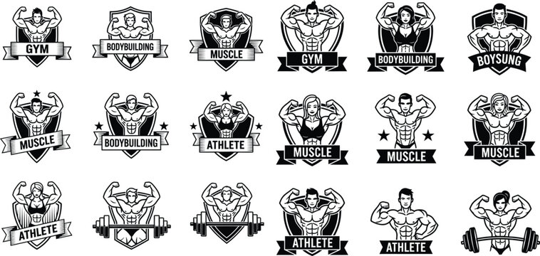 Collection of strong bodybuilder male and female fitness emblems for gym logos and athletic branding