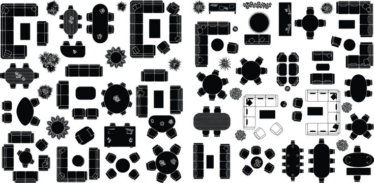 Comprehensive collection of diverse living room furniture layouts seen from an overhead perspective