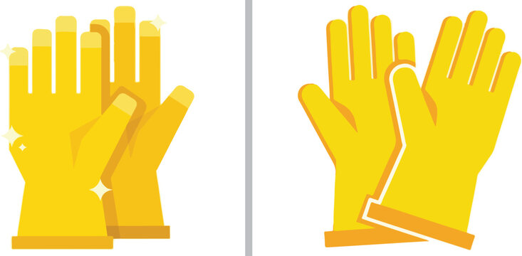 Bright yellow work gloves shown in two styles: one with sparkling highlights and another with clean white outlines. These vector icons represent protection, manual labor, and safety equipment.