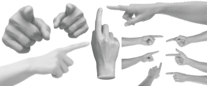 Retro pop art halftone human hand with pointing finger vector illustration. Vintage grunge punk dotted cut out pop art style collage element for mixed media, magazine, poster or infographic design