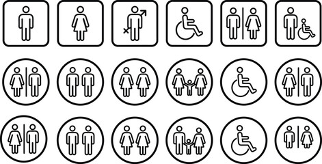 Row of Black and White Pictograms for Restroom Signs and Accessibility icon symbol