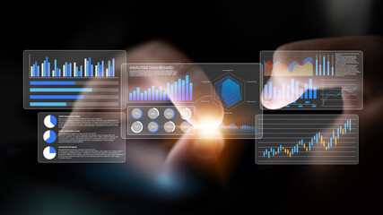 Digital analytics dashboard showcasing dynamic data visualizations, graphs, and charts with hands interacting on a touchscreen for insightful analysis. Gantry