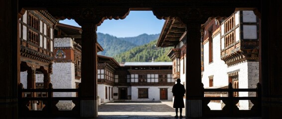 Solitary person in silhouette stands within a traditional architectural archway, gazing across a sunlit monastery courtyard towards distant green mountains under a clear blue sky