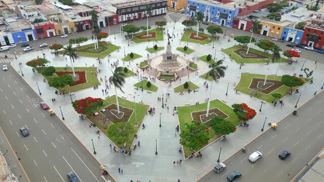 AERIAL DRONE VIEW OF TRUJILLO PLAZA DE ARMAS, ICONIC TRAVEL AND TOURISM LANDMARK IN PERU