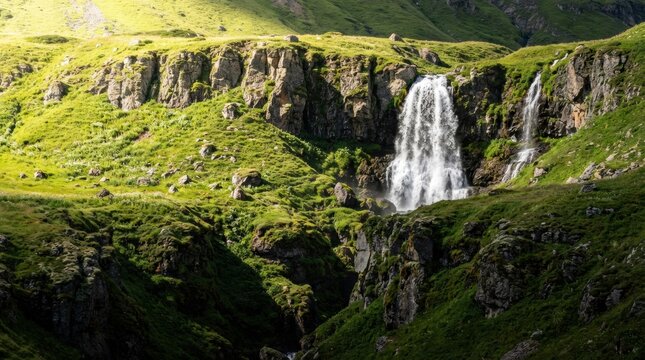 Powerful scenic waterfall cascades down a rocky cliffside covered in lush green grass and moss under bright dramatic sunlight in a remote mountain valley landscape
