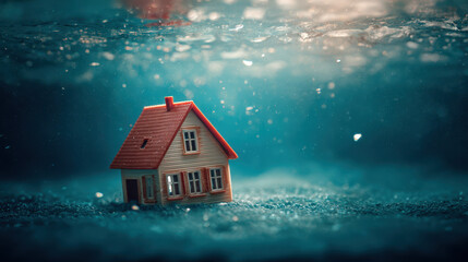 Poverty Inflation and Economic Crisis Underwater house model symbolizes economic crisis and inflation impact causing poverty and financial