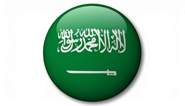 Circular Button Featuring the National Flag of Saudi Arabia with Shahada and Sword on Green Background