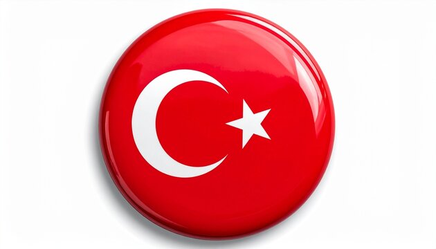 Glossy Circular Button Featuring the National Flag of Turkey with Crescent and Star on Red Background