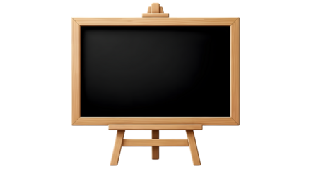 A blank blackboard on a wooden easel isolated on transparent background