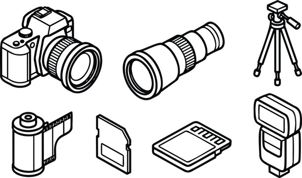 Isometric line art camera gear icons set showing dslr camera with telephoto lens tripod film roll sd card memory card hotshoe flash and clean outline style