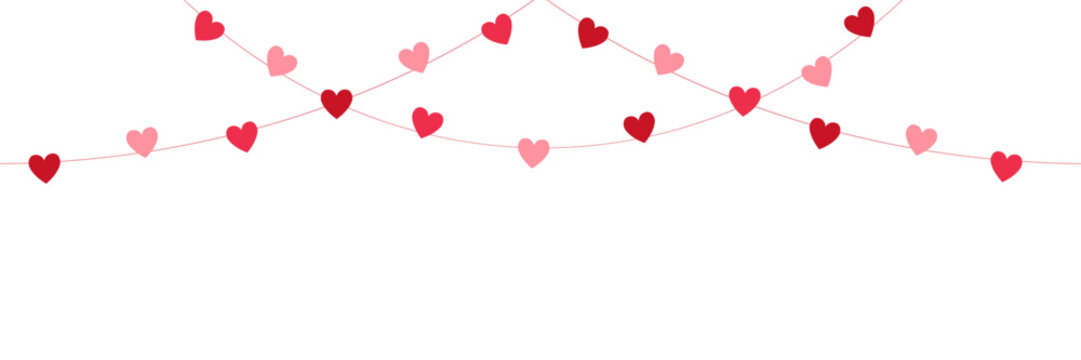 Paper pink heart string. Valentine day garland. Love background. Wedding banner. Happy Holiday decoration. Birthday party bg. Hanging confetti. 8 March card. Vector illustration