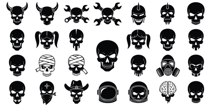 Diverse collection of stylized black and white skull vector icons representing various themes like biker punk military zombie mummy astronaut and danger symbols for graphic design projects.
