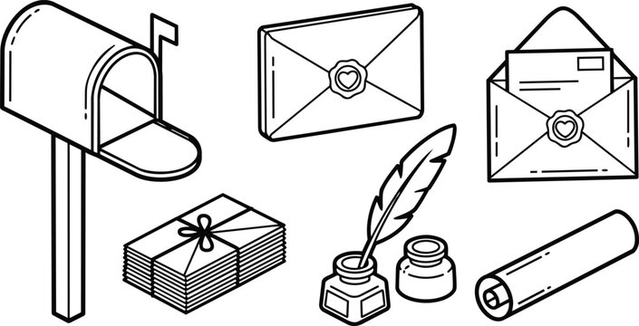 Line art vector set showing open mailbox stack of tied letters sealed envelope wax stamp quill and ink bottle rolled parchment top view simple outline icon