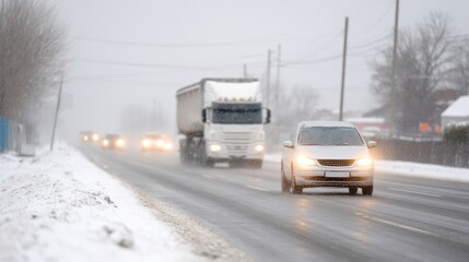 Vehicles driving on a snow-covered road during winter weather with low visibility and heavy snowfall creating challenging driving conditions