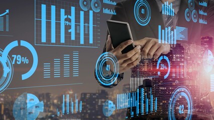 A professional man interacts with a smartphone amidst an urban skyline, surrounded by digital graphs and analytical data visualizations, symbolizing modern business insights. Xenic