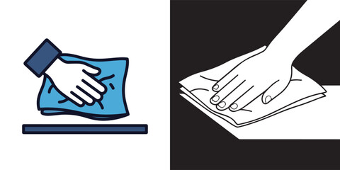 Obraz premium A dual-panel vector graphic illustrating surface cleaning techniques, featuring a color icon of a hand with a blue cloth and a black-and-white version of a hand wiping a table.