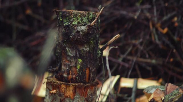 preparing for winter chopping stumps for firewood to heat the house