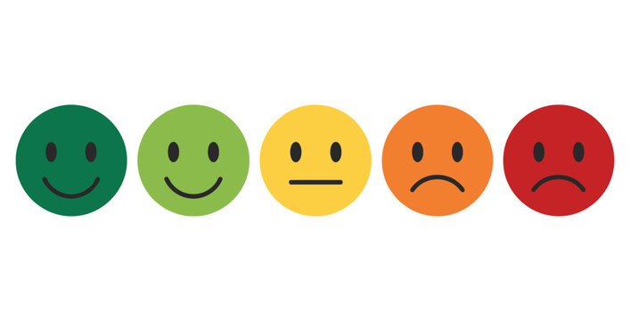 Customer satisfaction rating scale featuring five distinct emotion icons from very happy green to very unhappy red representing feedback choices
