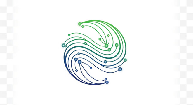 This modern abstract technology logo features a circular flowing circuit design with interconnected nodes and digital paths. Utilizing a vibrant blue to green gradient, the minimalist icon symbolizes.