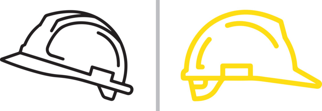 Two minimalist line art icons of protective construction hard hats, shown in profile view, representing essential safety headgear for industrial, engineering, and building site workers.