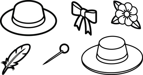 Line art hat accessory icon set with wide brim hat bow flower feather and hat pin overhead layout black outline vector for fashion craft and sewing