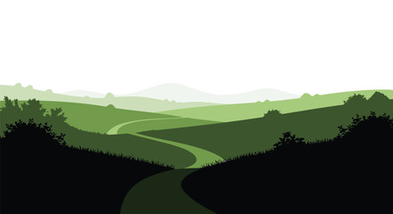Obraz premium Serene green landscape with winding path and distant rolling hills