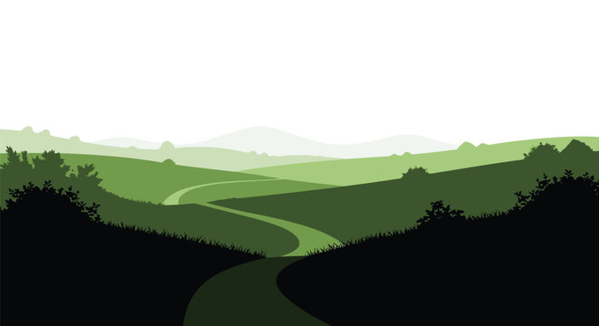 Serene green landscape with winding path and distant rolling hills