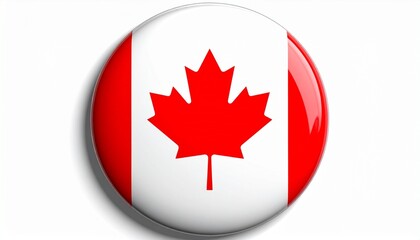 Circular Button Featuring the Canadian Flag with Red Maple Leaf on White Background