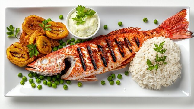 Grilled whole red snapper served with fried plantains, white rice, peas, and creamy sauce, attractively plated on a white rectangular dish, overhead shot.