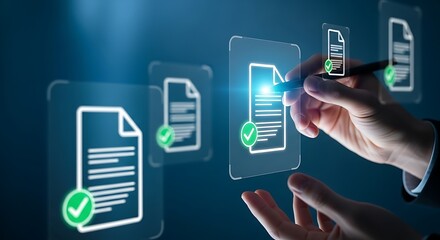 A person interacting with digital documents and verification icons in a futuristic interface