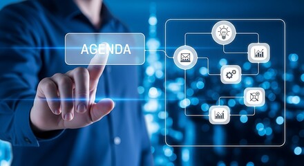 A businessman interacting with a digital agenda interface in a futuristic setting