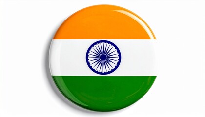 Circular Button Featuring the National Flag of India with Ashoka Chakra on White Background