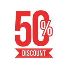 50 percent discount tag with ribbon banner, bold fifty percent off promotional label for retail sale and e-commerce shopping events, isolated vector graphic element for marketing and clearance adverti