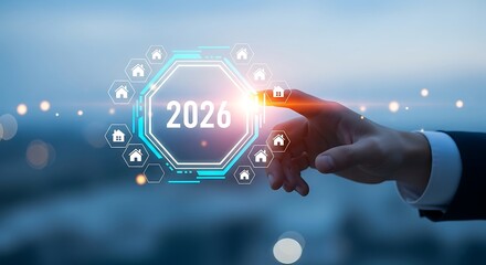 A businessman interacting with a futuristic digital interface displaying the year 2026